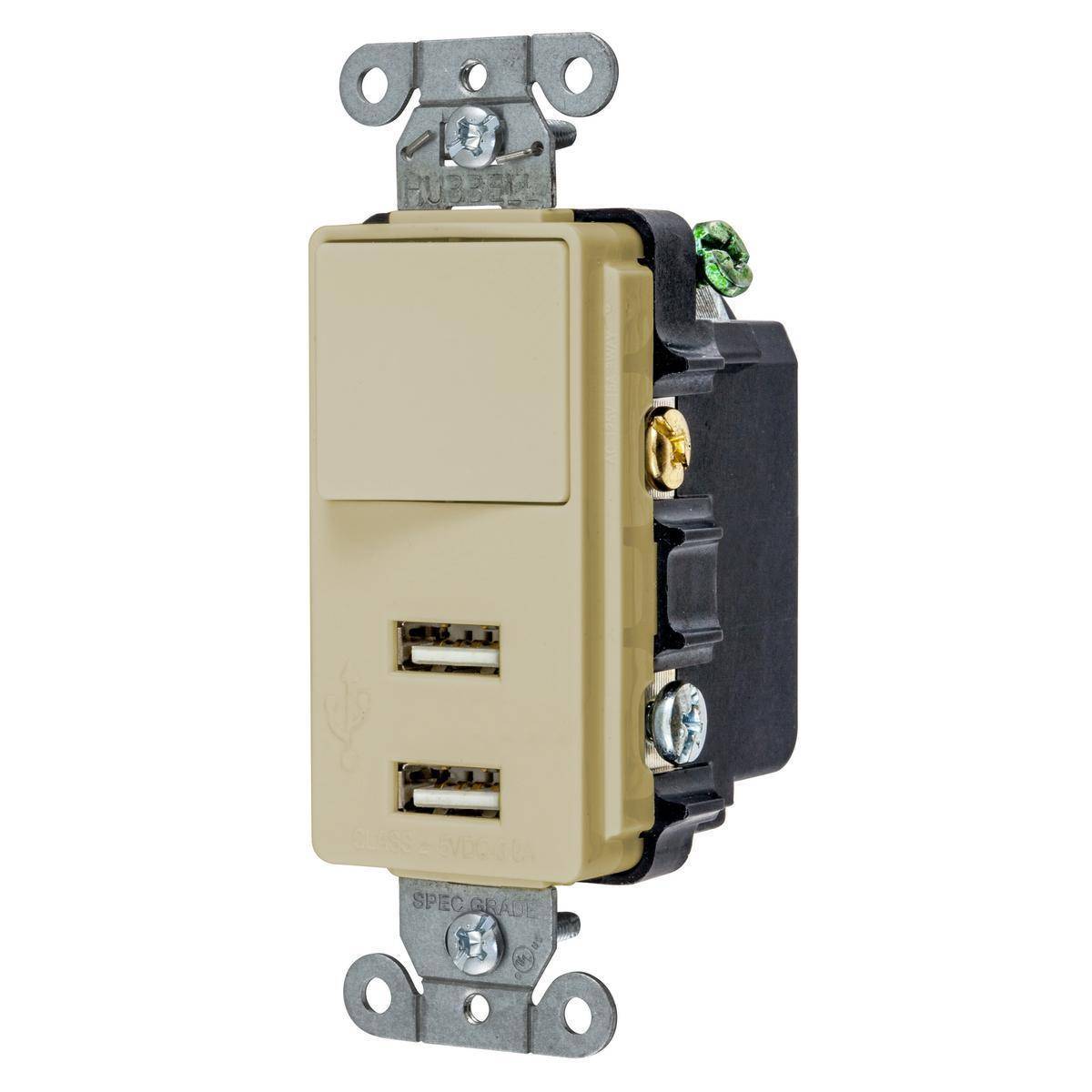 Wiring Device-Kellems USB102I Decorator Duplex Grounding Standard Switch Combo Outlet, Electrical Ratings: 125 V, 3 A, 5 VDC, 375 W, 1 Phase, 2 Poles, 3 Wires, Ivory