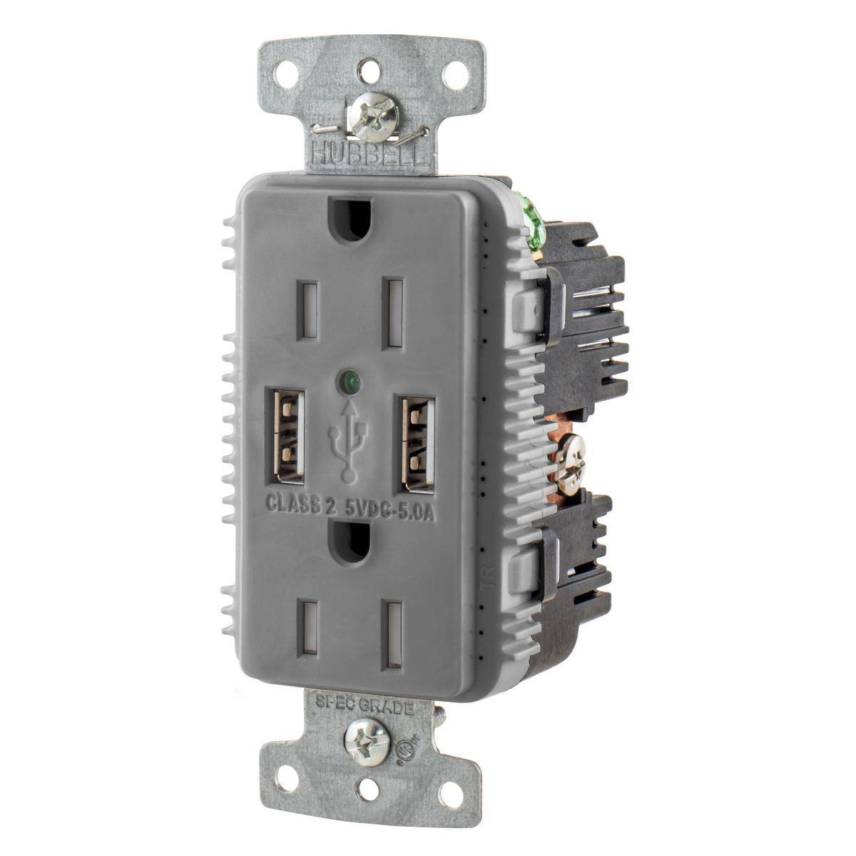 Wiring Device-Kellems tradeSELECT® USB15A5GY Duplex Grounding Heavy Duty Tamper-Resistant Standard USB Charger Receptacle With Green LED, 125 VAC, 20 A, 1875 W, 1 Phase, 2 Poles, 3 Wires, Gray
