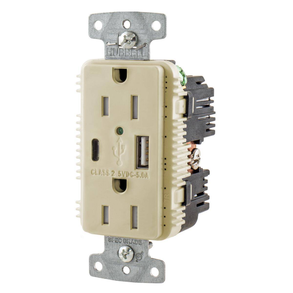 Wiring Device-Kellems tradeSELECT® USB15AC5I Duplex Grounding Heavy Duty Standard Tamper-Resistant USB Charger Receptacle With Green LED, 125 V, 15 A, 1875 W, 1 Phase, 2 Poles, 3 Wires, Ivory