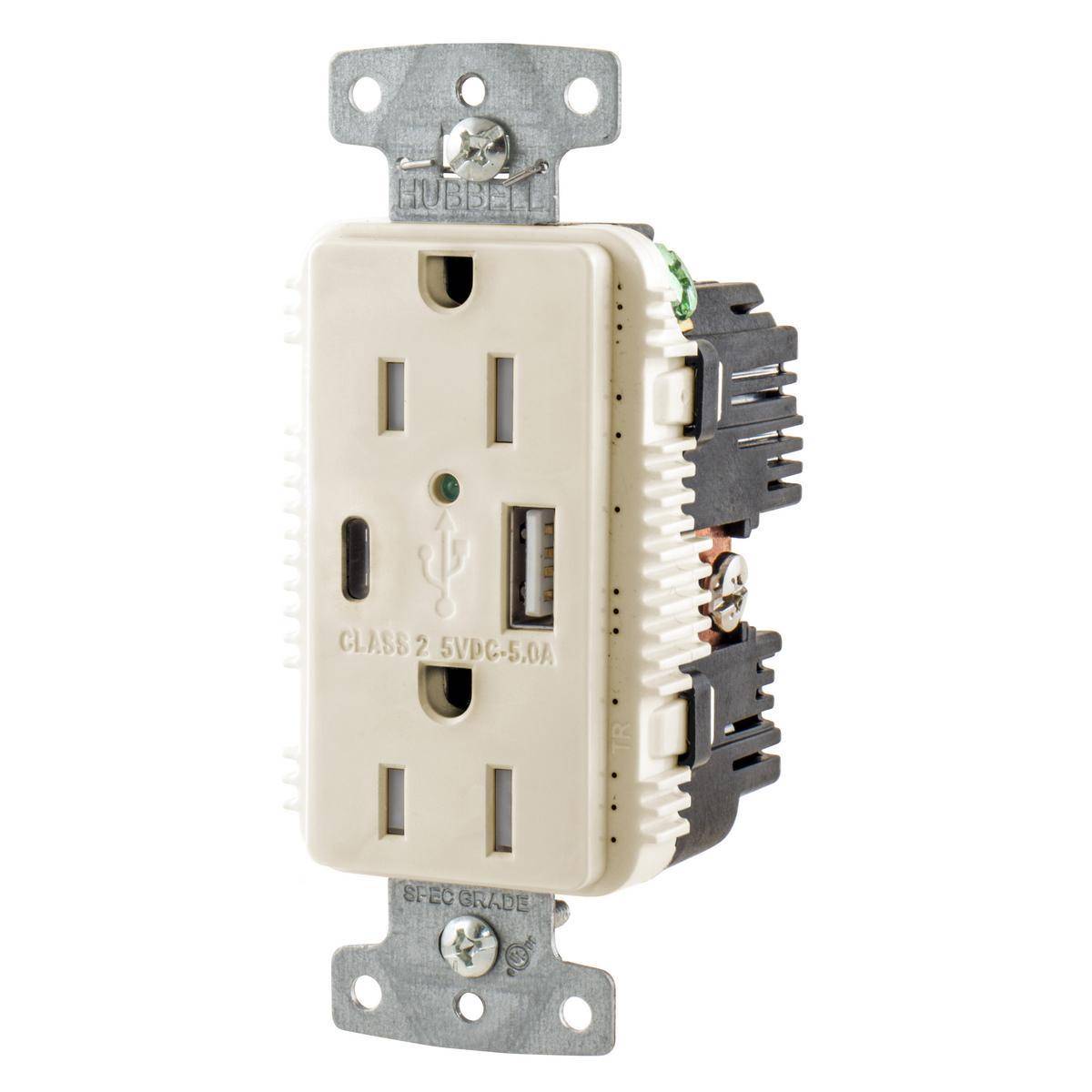 Wiring Device-Kellems tradeSELECT® USB15AC5LA Duplex Grounding Heavy Duty Standard Tamper-Resistant USB Charger Receptacle With Green LED, 125 V, 15 A, 1875 W, 1 Phase, 2 Poles, 3 Wires, Light Almond