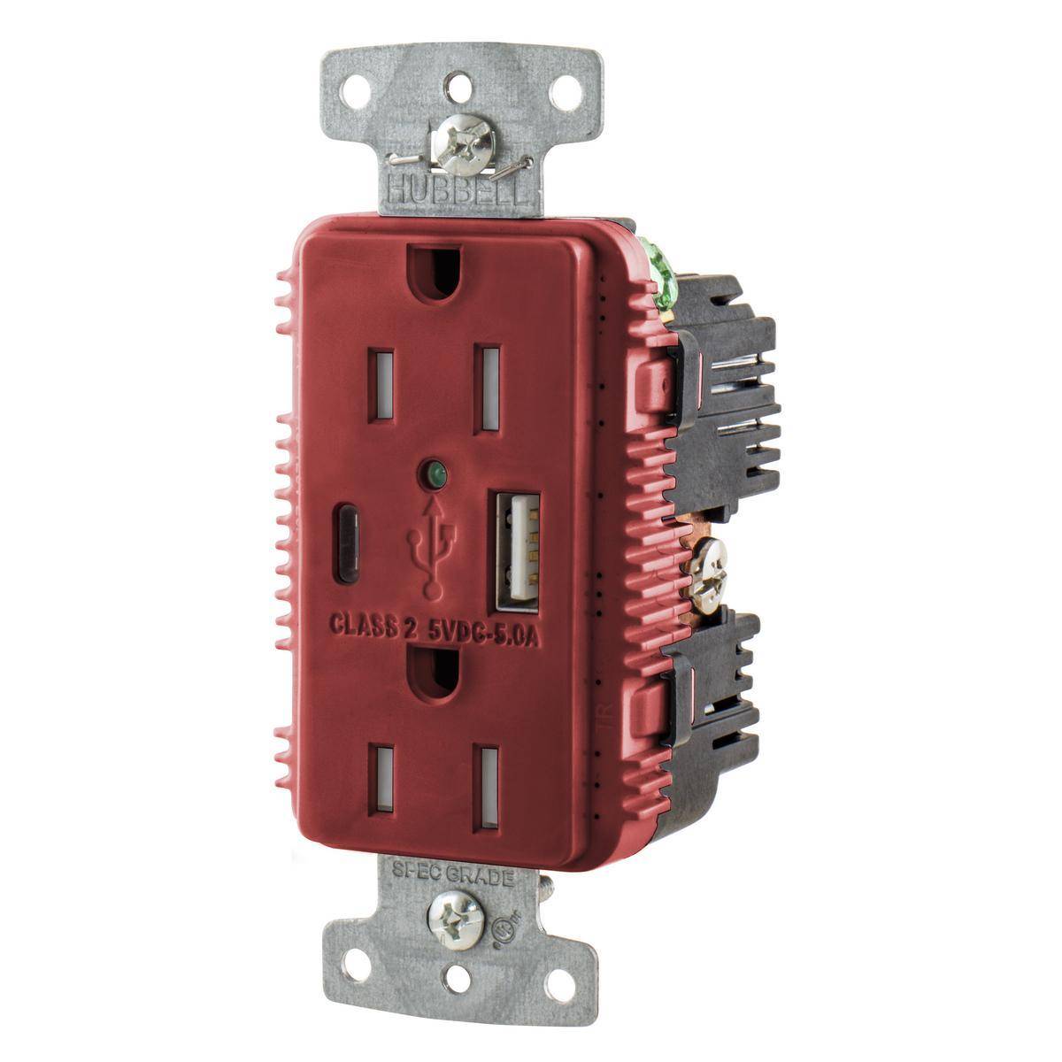 Wiring Device-Kellems tradeSELECT® USB15AC5R Duplex Grounding Heavy Duty Tamper-Resistant USB Charger Receptacle With Green LED, 125 V, 15 A, 1 Phase, 2 Poles, 3 Wires, Red