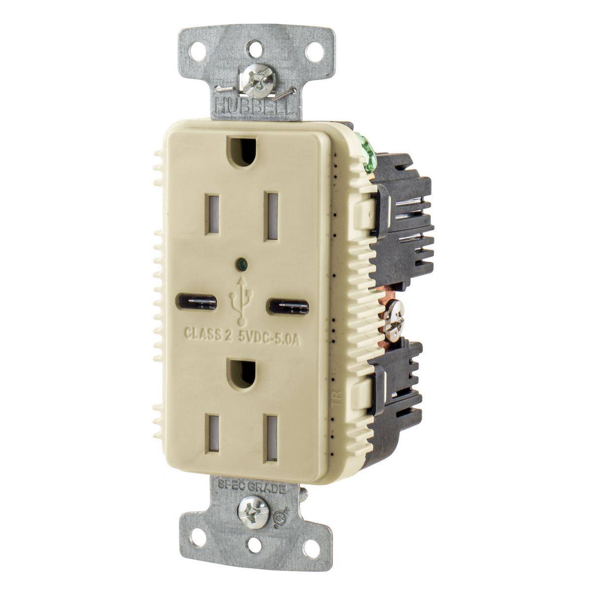 Wiring Device-Kellems tradeSELECT® USB15C5I Duplex Grounding Heavy Duty Standard Tamper-Resistant USB Charger Receptacle With Green LED, 125 V, 15 A, 1875 W, 1 Phase, 2 Poles, 3 Wires, Ivory