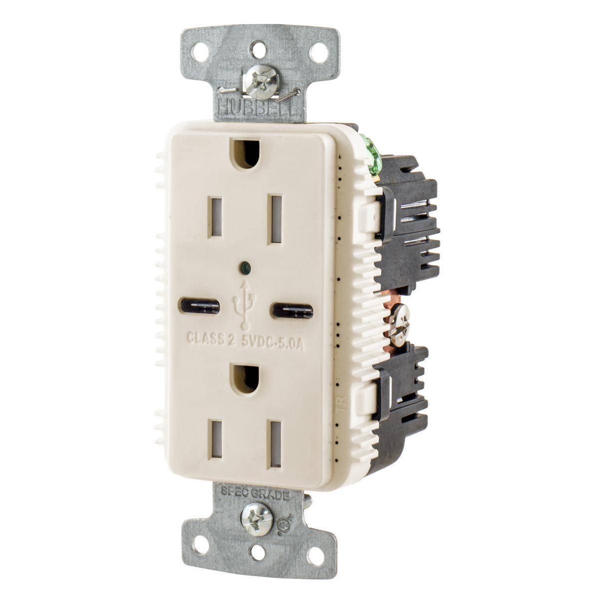 Wiring Device-Kellems tradeSELECT® USB15C5LA Duplex Grounding Heavy Duty Tamper-Resistant Standard USB Charger Receptacle With Green LED, 15 A, 125 VDC, 1875 W, 1 Phase, 2 Poles, 3 Wires, Light Almond