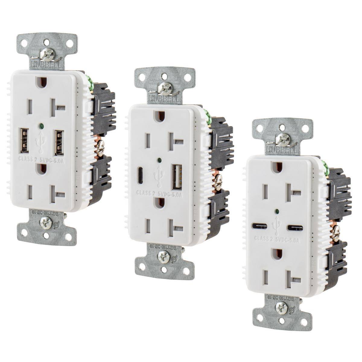 Wiring Device-Kellems tradeSELECT® USB20AC5W Duplex Grounding Standard Tamper-Resistant USB Charger Receptacle With Green LED, 125 VAC, 20 A, 2500 W, 1 Phase, 2 Poles, 3 Wires, White