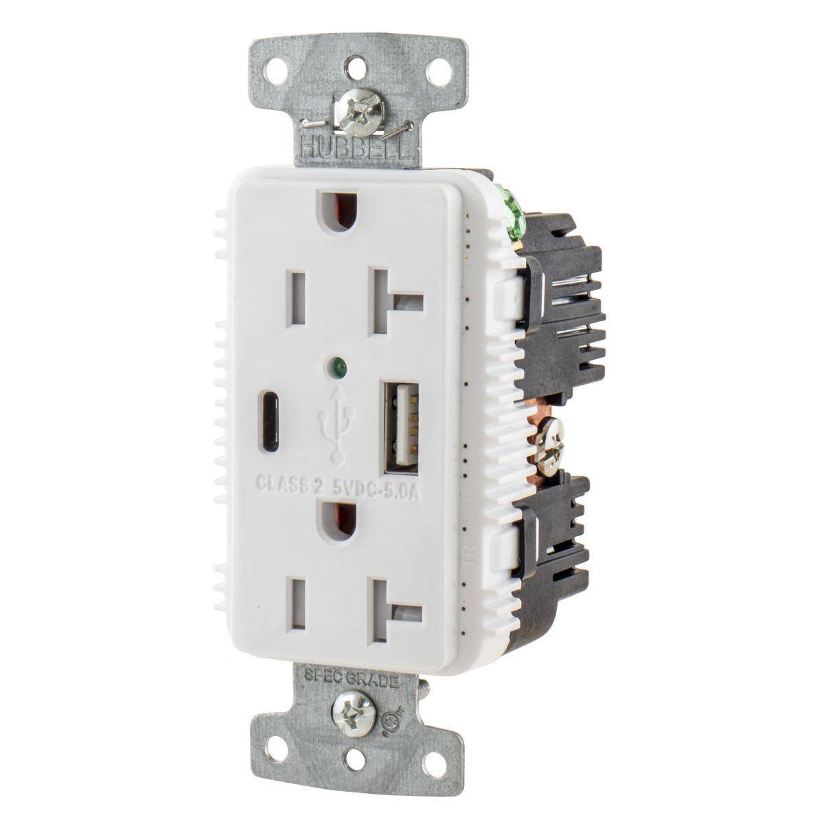 Wiring Device-Kellems tradeSELECT® USB20AC5W Duplex Grounding Standard Tamper-Resistant USB Charger Receptacle With Green LED, 125 VAC, 20 A, 2500 W, 1 Phase, 2 Poles, 3 Wires, White