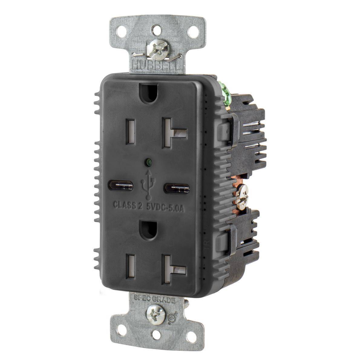 Wiring Device-Kellems tradeSELECT™ USB20C5BK Duplex Grounding Tamper-Resistant Standard Style C USB Charger Receptacle With Green LED, 20 A at 125 VAC, 2500 W, 1 Phase, 2 Poles, 3 Wires, Black