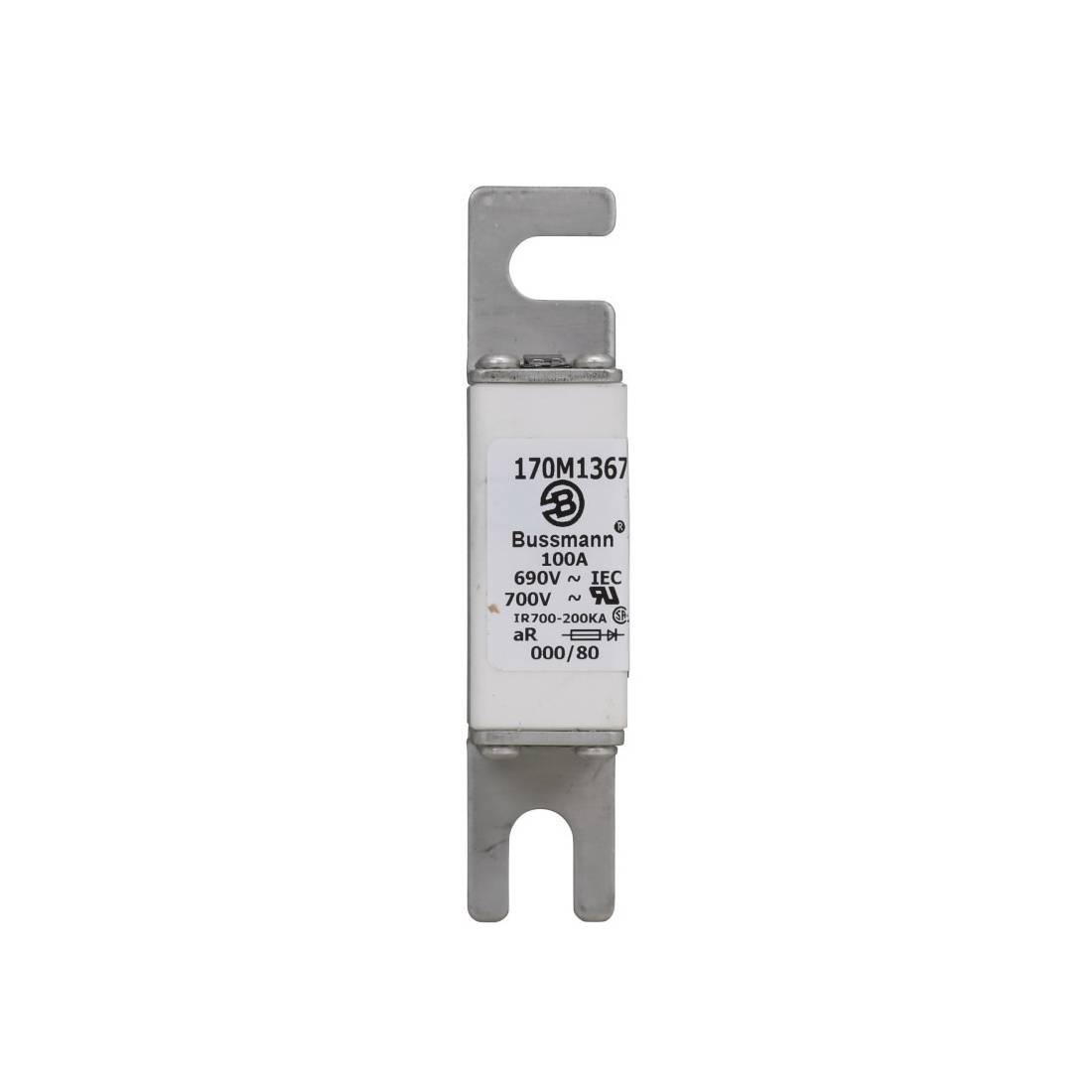 Bussmann 170M1367 Type 80 High Speed Fuse, 100 A, 690 V, 200 kA Interrupt, Class: aR, Square Body