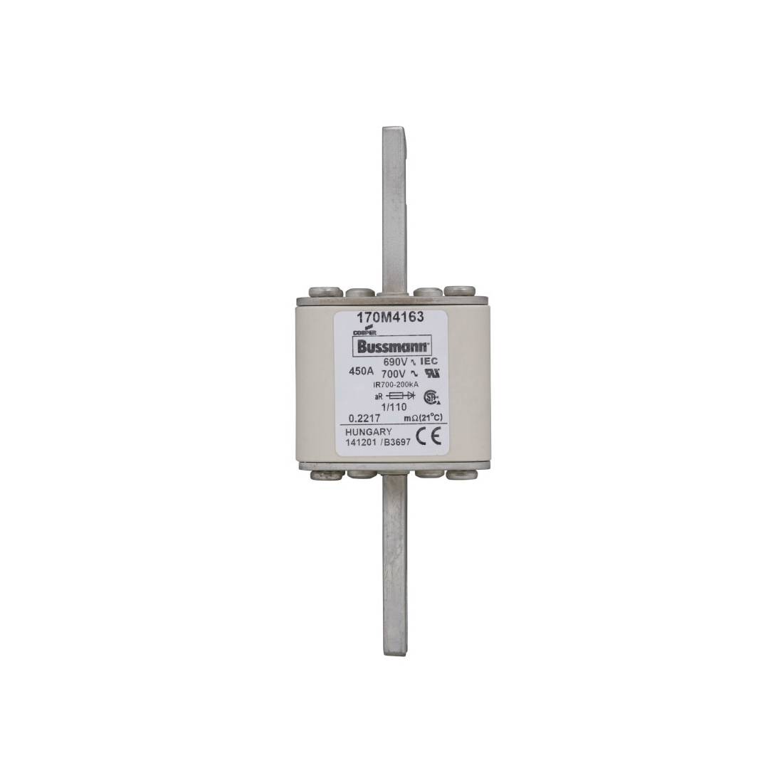 Bussmann 170M4163 Type 110 High Speed Fuse, 450 A, 690 V, 200 kA Interrupt, Class: aR, Square Body