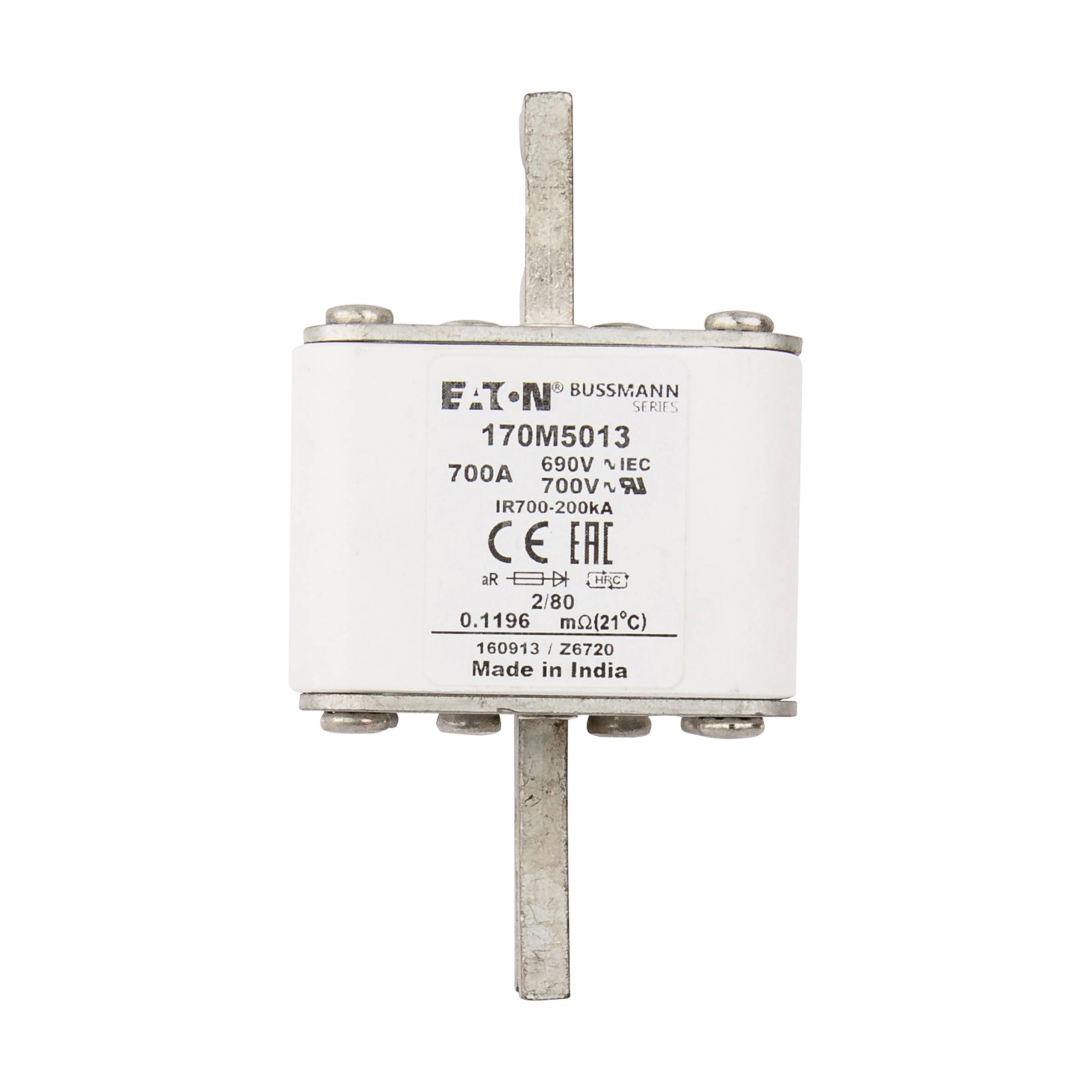 Bussmann 170M5013 Semi-Conductor High Speed Fuse, 700 A, 690 V, 200 kA Interrupt, Class: aR, Square Body