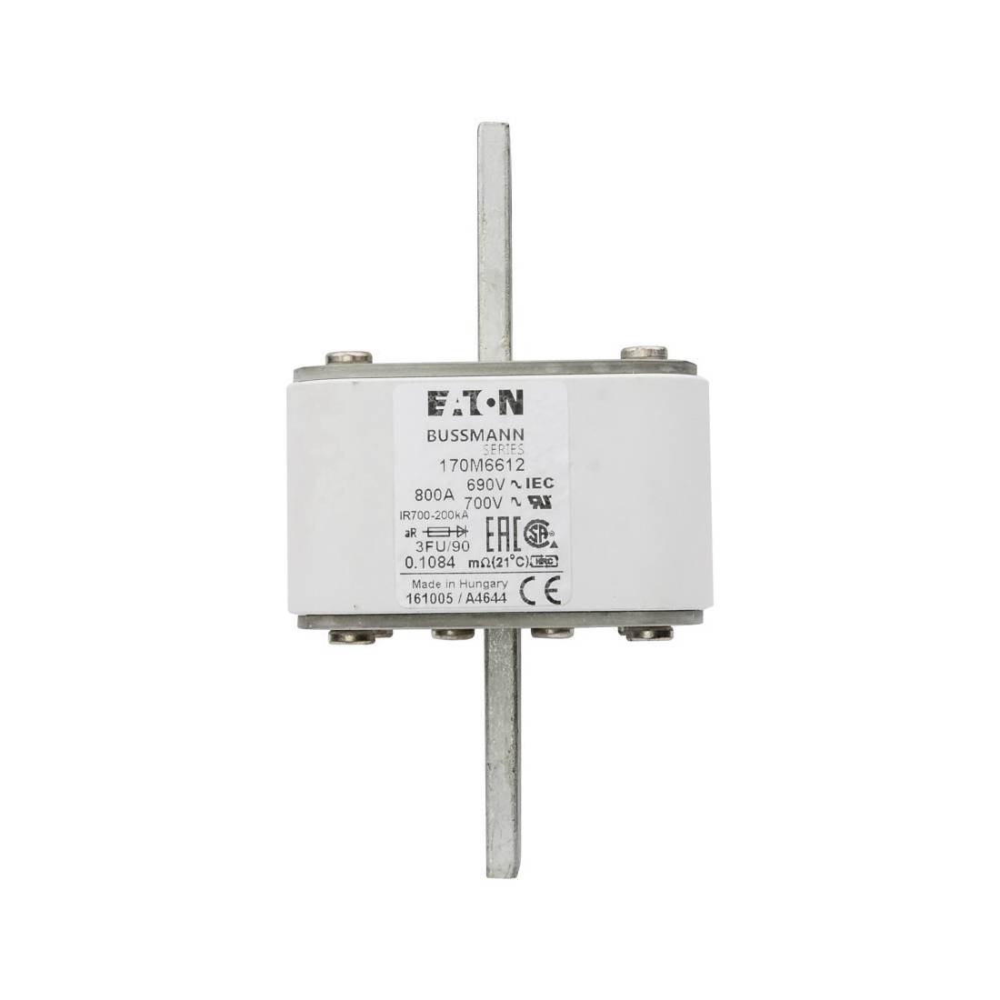 Bussmann 170M6612 Type FU US Style High Speed Fuse, 800 A, 690 V, 200 kA Interrupt, Class: aR, Square Body