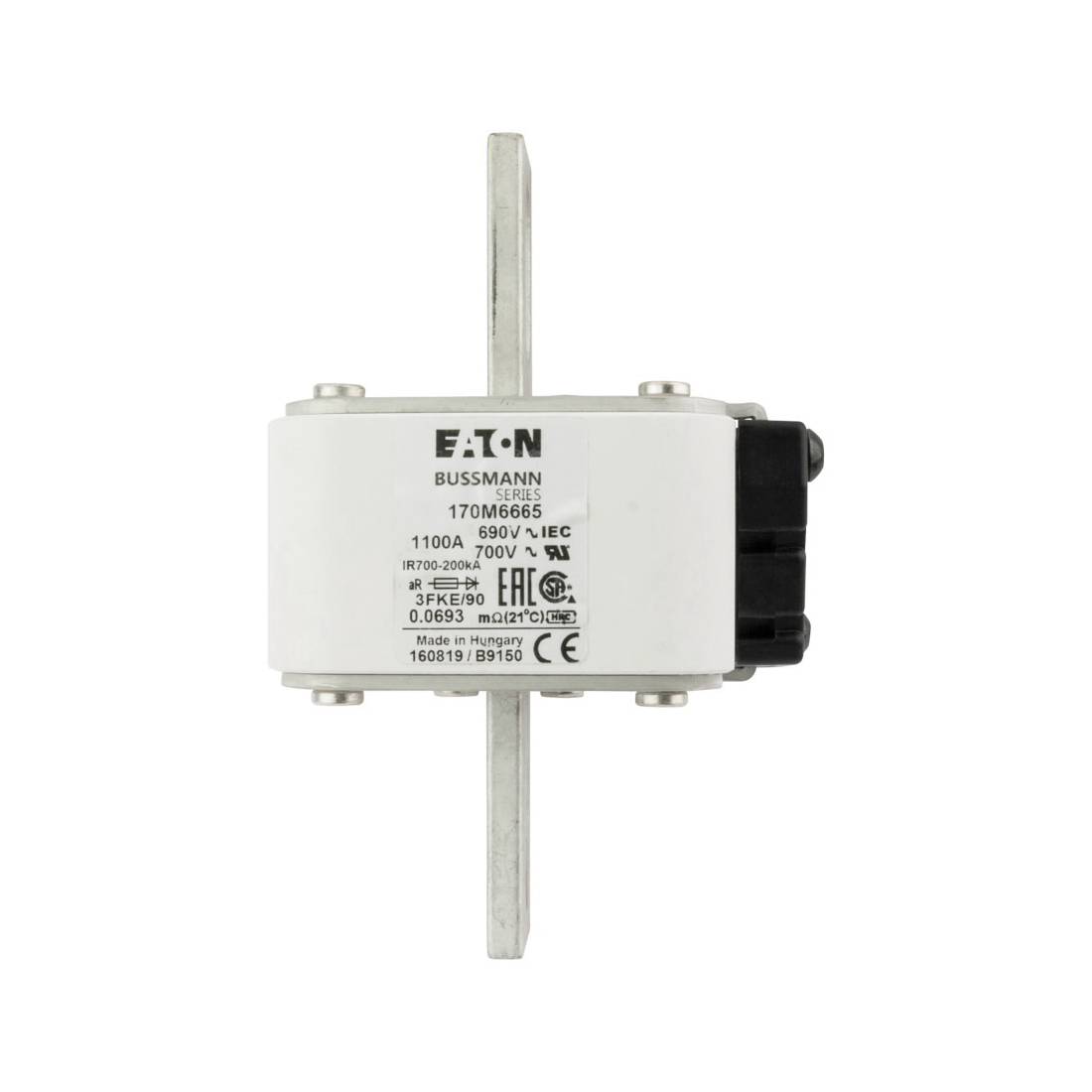 Bussmann 170M6665 Type FKE US Style High Speed Fuse, 1100 A, 690 V, 200 kA Interrupt, Class: aR, Square Body