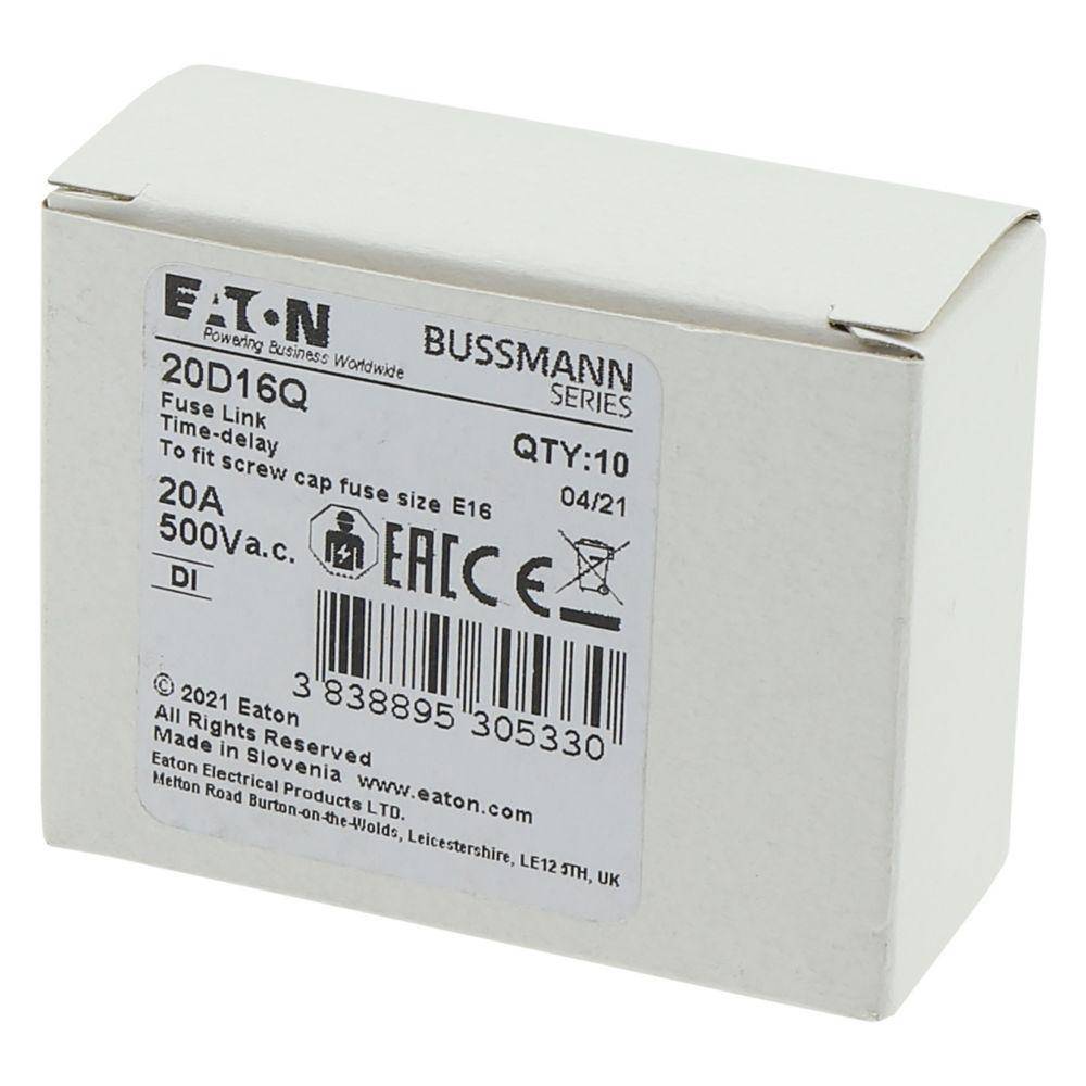 Bussmann 20D16Q Type D Low Voltage Fast Acting Fuse, 20 A, 500 V, 50 kA Interrupt, Class: gR