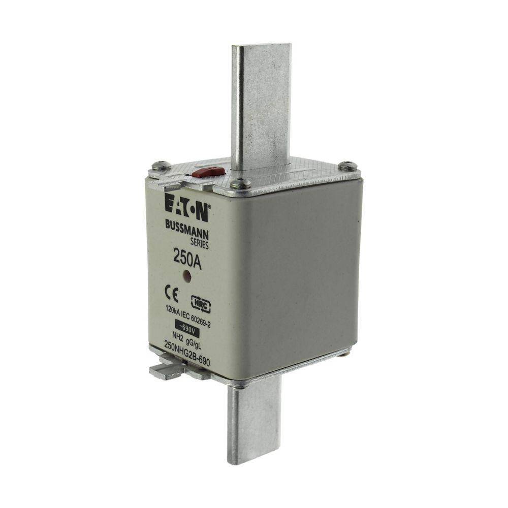Bussmann 250NHG2B-690 Dual Indicator Low Voltage Size 2 NH Fuse Link, 690 VAC, 250 A, For Use With NH Series Photovoltaic Fuse, Class C gG/gL Fuse, Ceramic