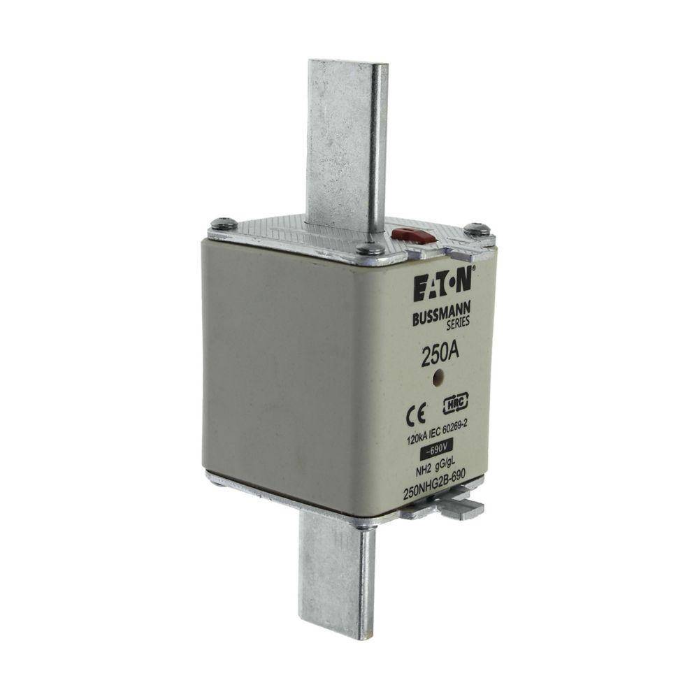 Bussmann 250NHG2B-690 Dual Indicator Low Voltage Size 2 NH Fuse Link, 690 VAC, 250 A, For Use With NH Series Photovoltaic Fuse, Class C gG/gL Fuse, Ceramic