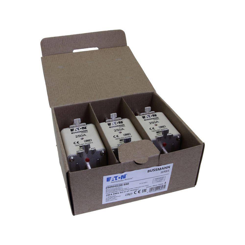 Bussmann 250NHG2B-690 Dual Indicator Low Voltage Size 2 NH Fuse Link, 690 VAC, 250 A, For Use With NH Series Photovoltaic Fuse, Class C gG/gL Fuse, Ceramic