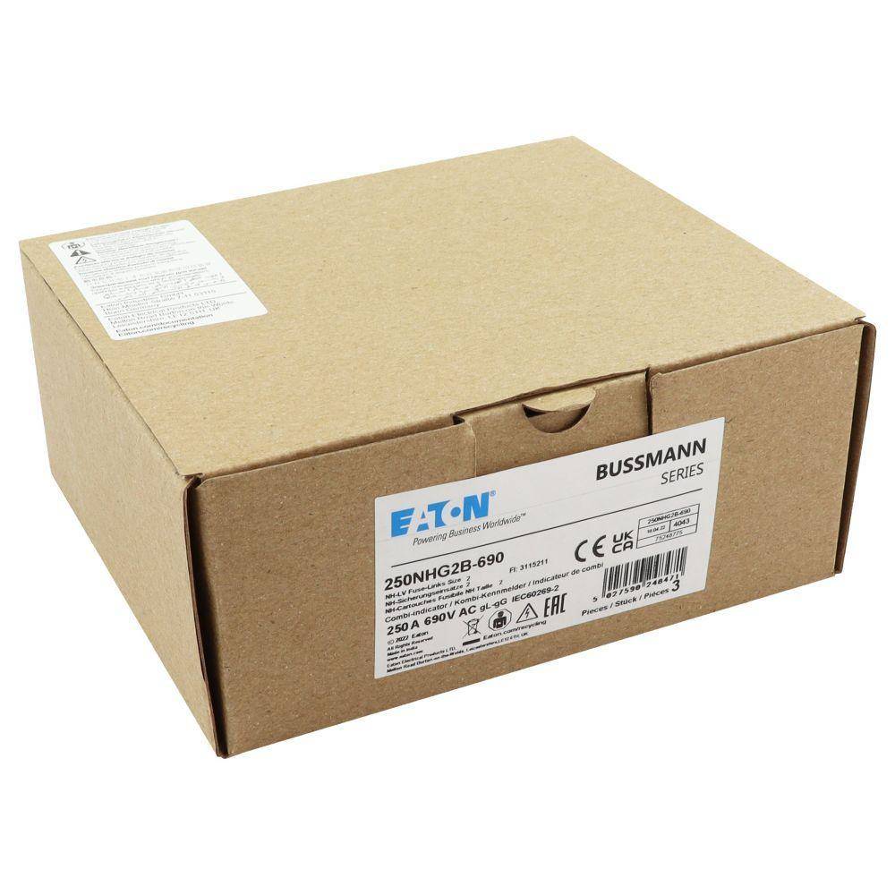 Bussmann 250NHG2B-690 Dual Indicator Low Voltage Size 2 NH Fuse Link, 690 VAC, 250 A, For Use With NH Series Photovoltaic Fuse, Class C gG/gL Fuse, Ceramic