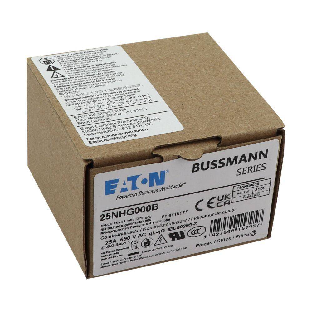 Edison Bussmann 25NHG000B Size 000 Dual Indicator NH Fuse Link, 500 V, 25 A, For Use With Bussmann NH Size Photovoltaic Fuse, Class C gG/gL Fuse, Ceramic