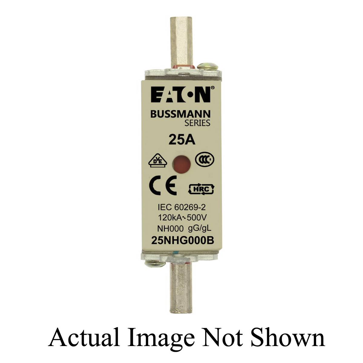 Edison Bussmann 25NHG000B Size 000 Dual Indicator NH Fuse Link, 500 V, 25 A, For Use With Bussmann NH Size Photovoltaic Fuse, Class C gG/gL Fuse, Ceramic