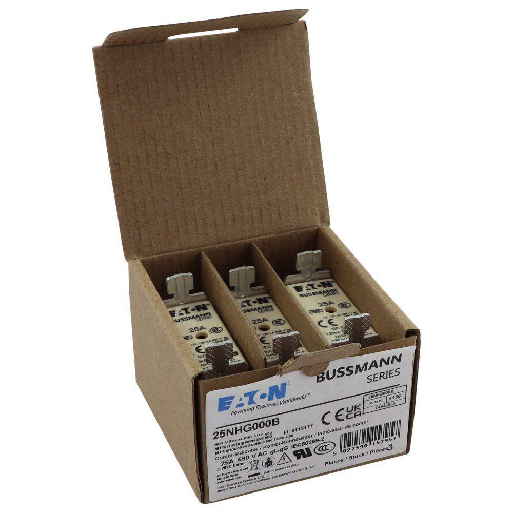 Edison Bussmann 25NHG000B Size 000 Dual Indicator NH Fuse Link, 500 V, 25 A, For Use With Bussmann NH Size Photovoltaic Fuse, Class C gG/gL Fuse, Ceramic