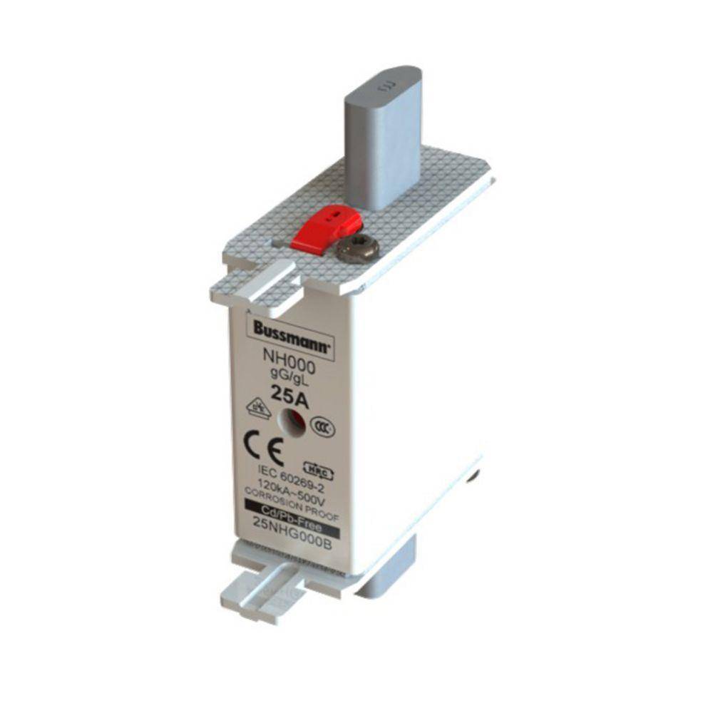 Edison Bussmann 25NHG000B Size 000 Dual Indicator NH Fuse Link, 500 V, 25 A, For Use With Bussmann NH Size Photovoltaic Fuse, Class C gG/gL Fuse, Ceramic