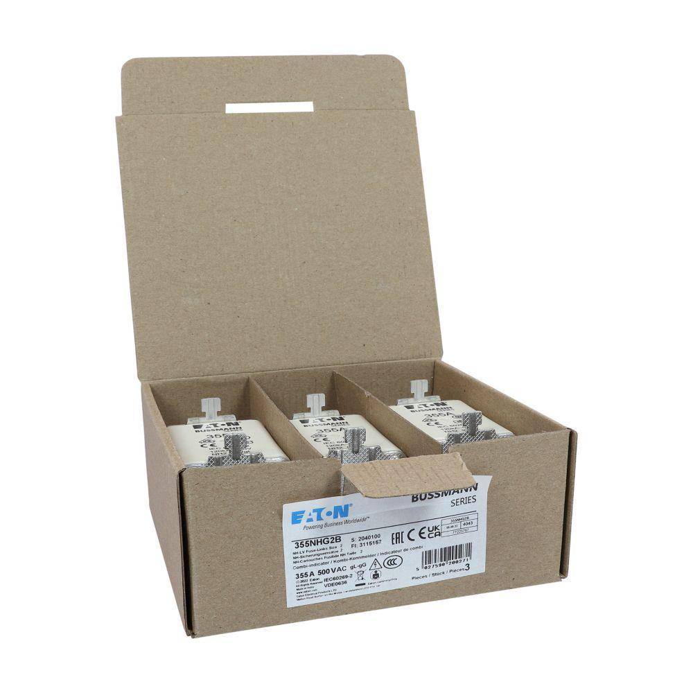Edison Bussmann 355NHG2B Size 2 Dual Indicator NH Fuse Link, 500 V, 355 A, For Use With Bussmann NH Size Photovoltaic Fuse, Class C gG/gL Fuse, Ceramic