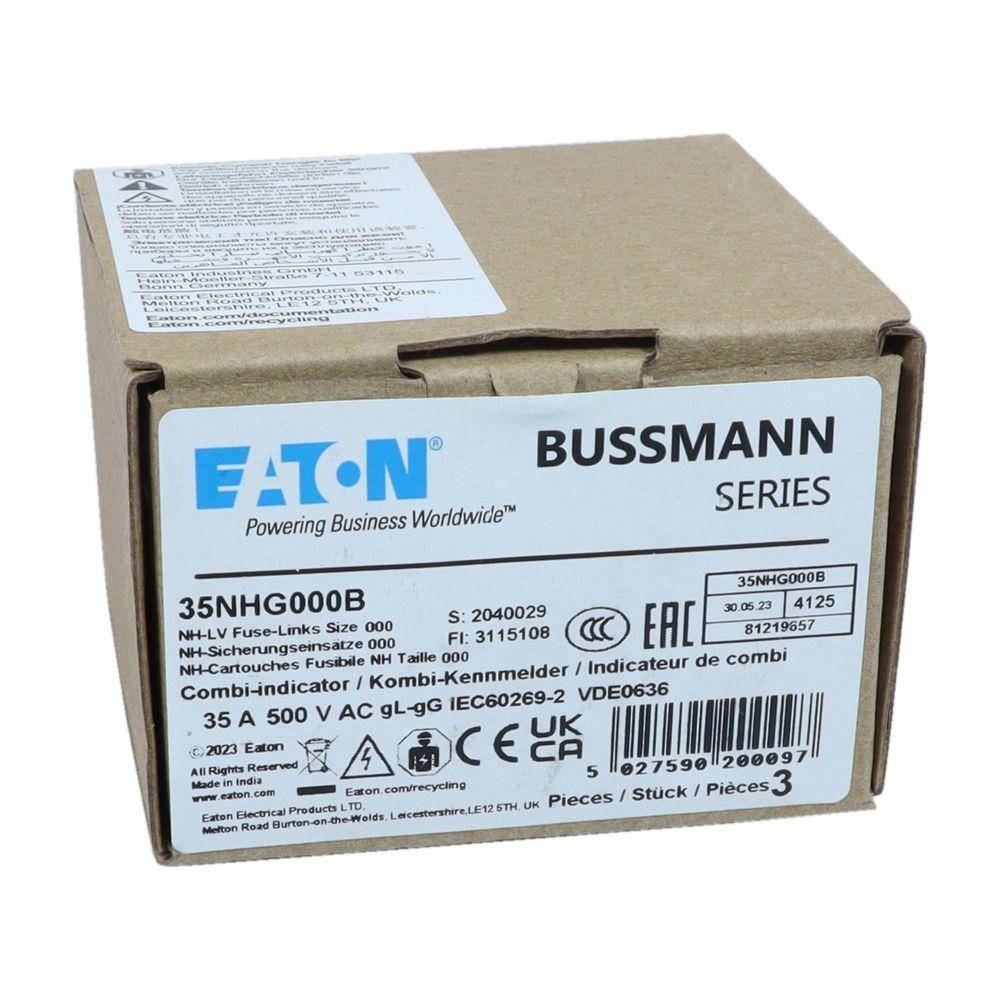 EATON Bussmann Edison 35NHG000B Size 000 Dual Indicator NH Fuse Link, 500 V, 35 A, For Use With Bussmann NH Size Photovoltaic Fuse, Class C gG/gL Fuse, Ceramic