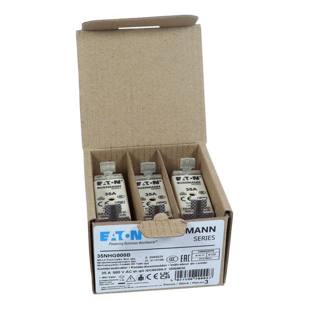 EATON Bussmann Edison 35NHG000B Size 000 Dual Indicator NH Fuse Link, 500 V, 35 A, For Use With Bussmann NH Size Photovoltaic Fuse, Class C gG/gL Fuse, Ceramic