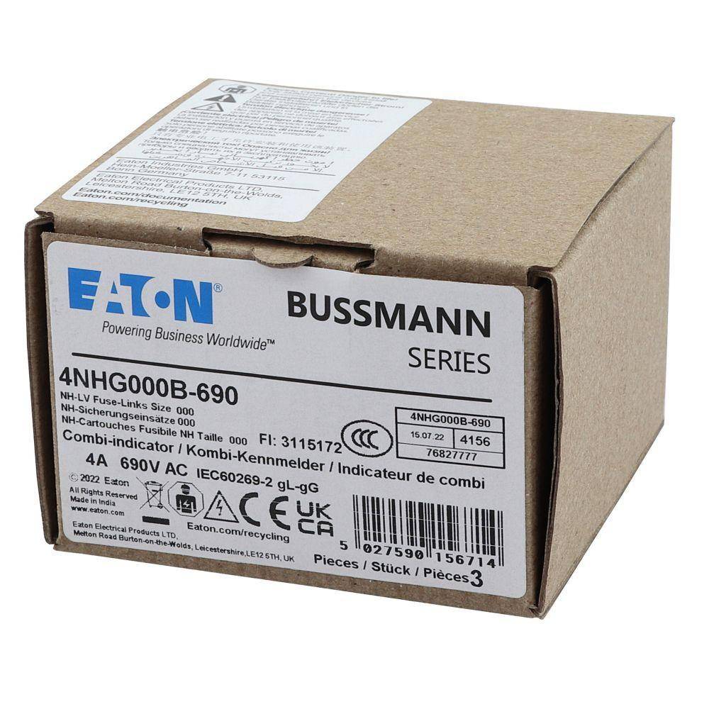 Bussmann 4NHG000B-690 Size 000 Dual Indicator Low Voltage NH Fuse Link, 690 V, 4 A, For Use With Class C/gG/gL Fuse, Ceramic