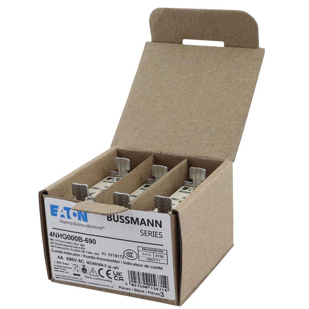 Bussmann 4NHG000B-690 Size 000 Dual Indicator Low Voltage NH Fuse Link, 690 V, 4 A, For Use With Class C/gG/gL Fuse, Ceramic