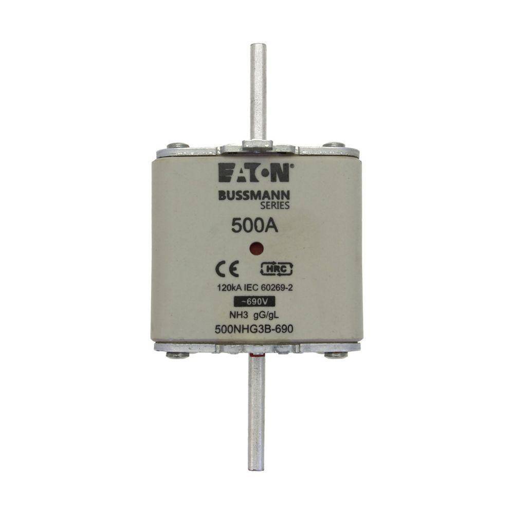 Bussmann 500NHG3B-690 Dual Indicator Low Voltage Size 03 NH Fuse Link, 690 V, 500 A, For Use With Class C/gG/gL Fuse, Ceramic