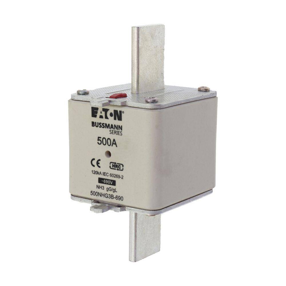 Bussmann 500NHG3B-690 Dual Indicator Low Voltage Size 03 NH Fuse Link, 690 V, 500 A, For Use With Class C/gG/gL Fuse, Ceramic
