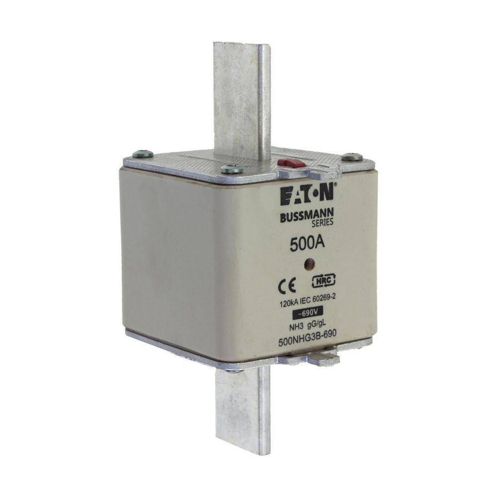 Bussmann 500NHG3B-690 Dual Indicator Low Voltage Size 03 NH Fuse Link, 690 V, 500 A, For Use With Class C/gG/gL Fuse, Ceramic