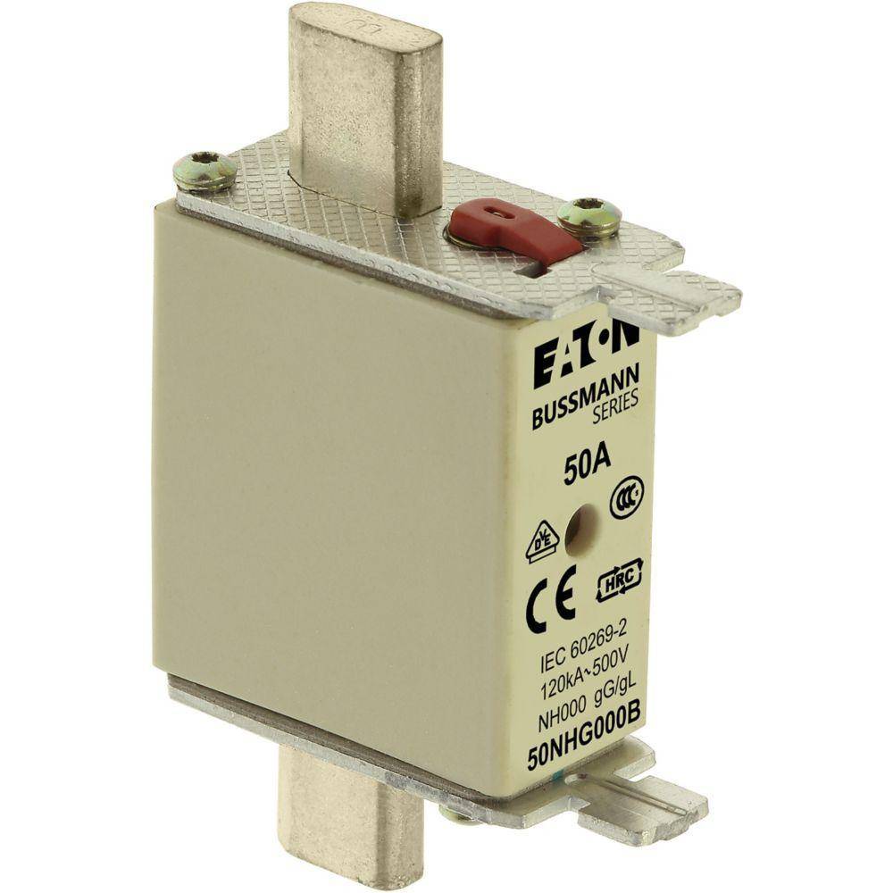 EATON Bussmann Edison 50NHG000B Size 000 Dual Indicator NH Fuse Link, 500 V, 50 A, For Use With Bussmann NH Size Photovoltaic Fuse, Class C gG/gL Fuse, Ceramic