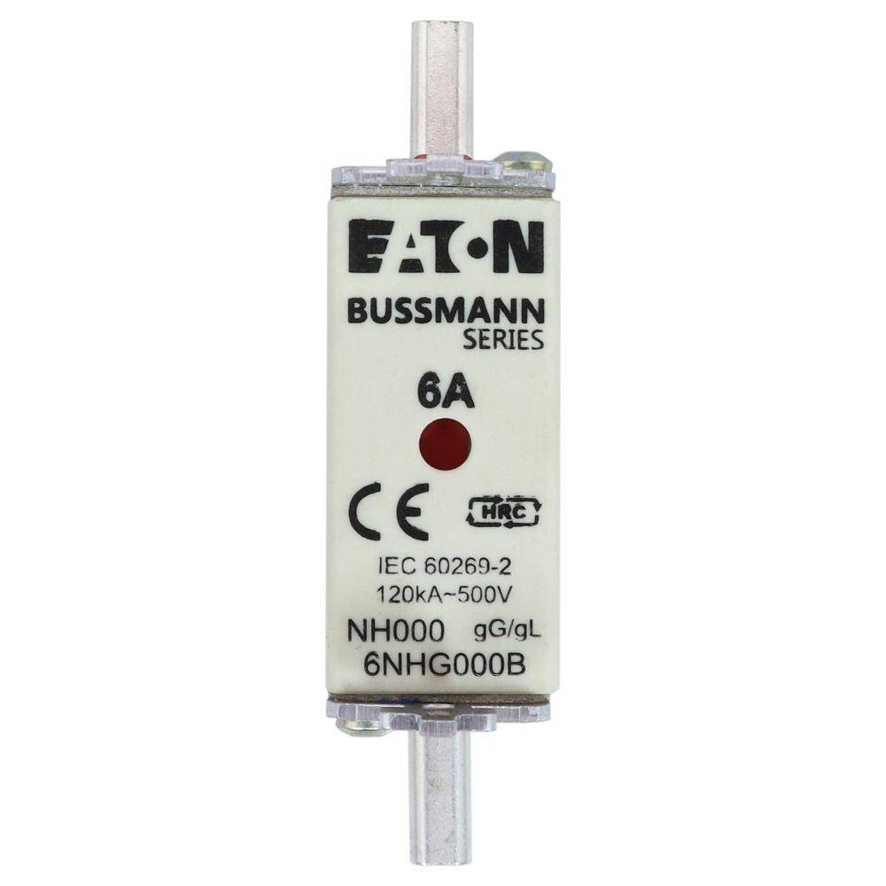 Bussmann 6NHG000B Size 000 Dual Indicator Low Voltage NH Fuse Link, 500 V, 6 A, For Use With NH Series Photovoltaic Fuse, Class C gG/gL Fuse, Ceramic