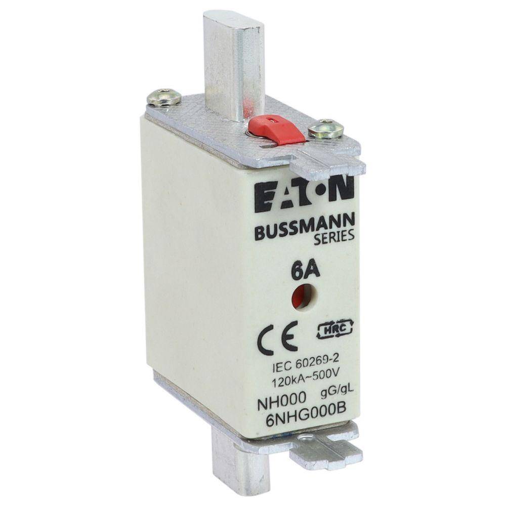 Bussmann 6NHG000B Size 000 Dual Indicator Low Voltage NH Fuse Link, 500 V, 6 A, For Use With NH Series Photovoltaic Fuse, Class C gG/gL Fuse, Ceramic