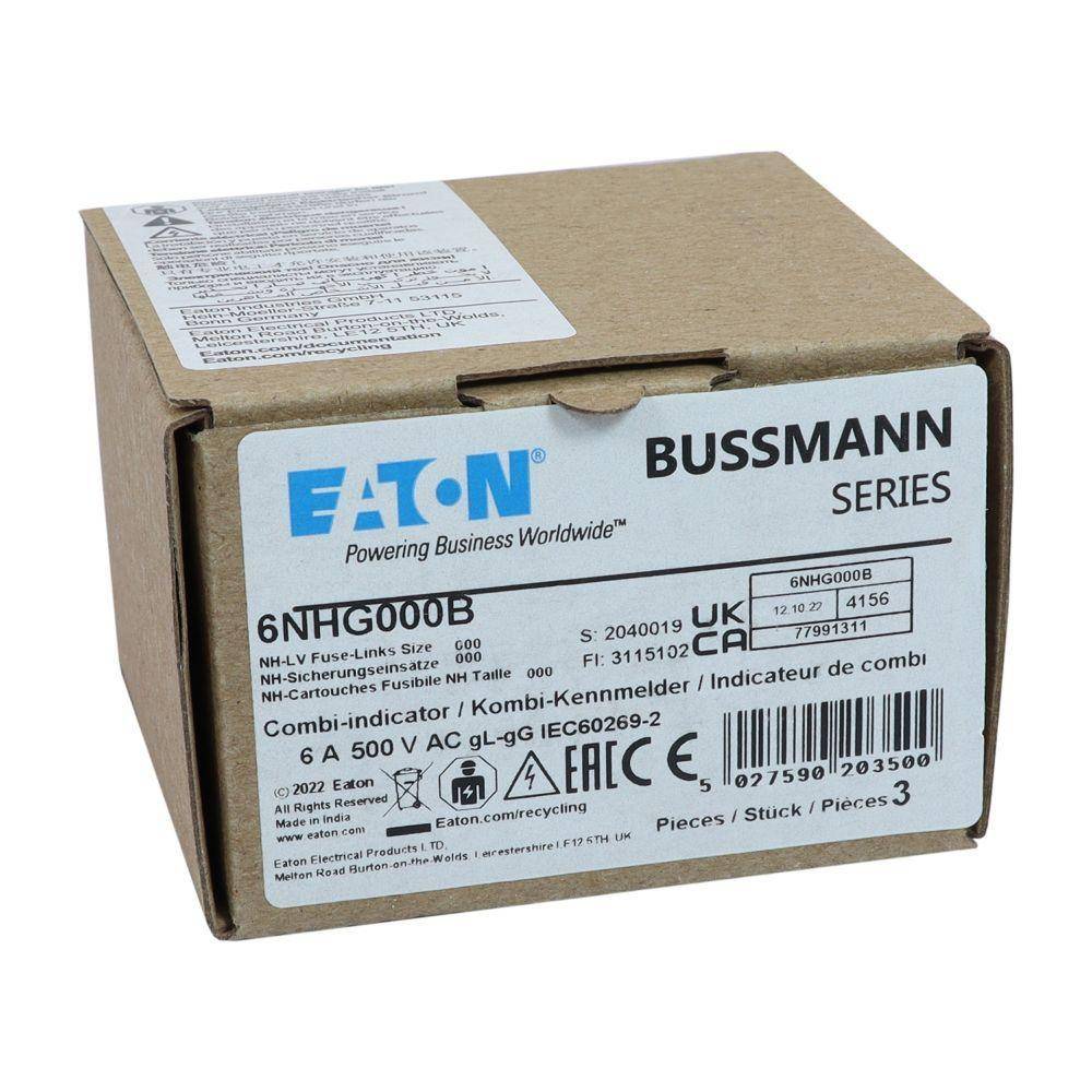 Bussmann 6NHG000B Size 000 Dual Indicator Low Voltage NH Fuse Link, 500 V, 6 A, For Use With NH Series Photovoltaic Fuse, Class C gG/gL Fuse, Ceramic