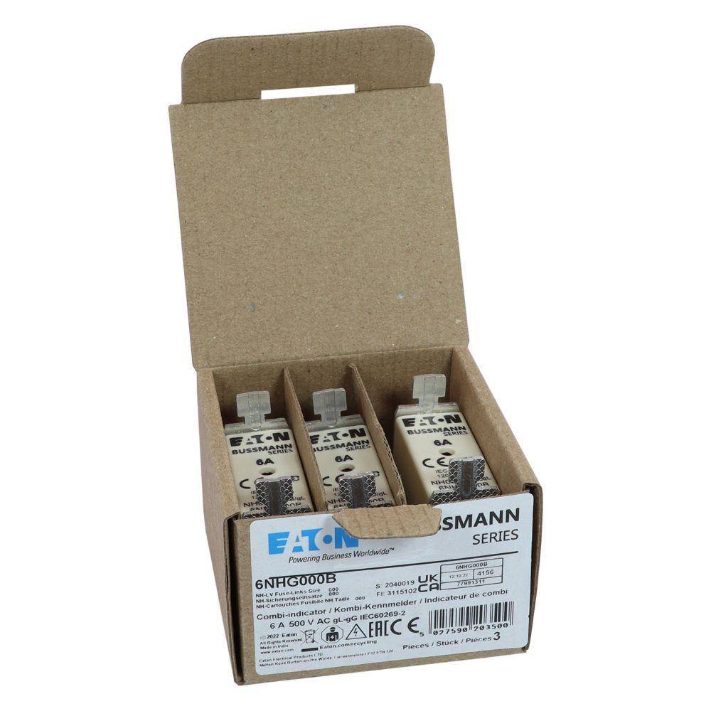 Bussmann 6NHG000B Size 000 Dual Indicator Low Voltage NH Fuse Link, 500 V, 6 A, For Use With NH Series Photovoltaic Fuse, Class C gG/gL Fuse, Ceramic