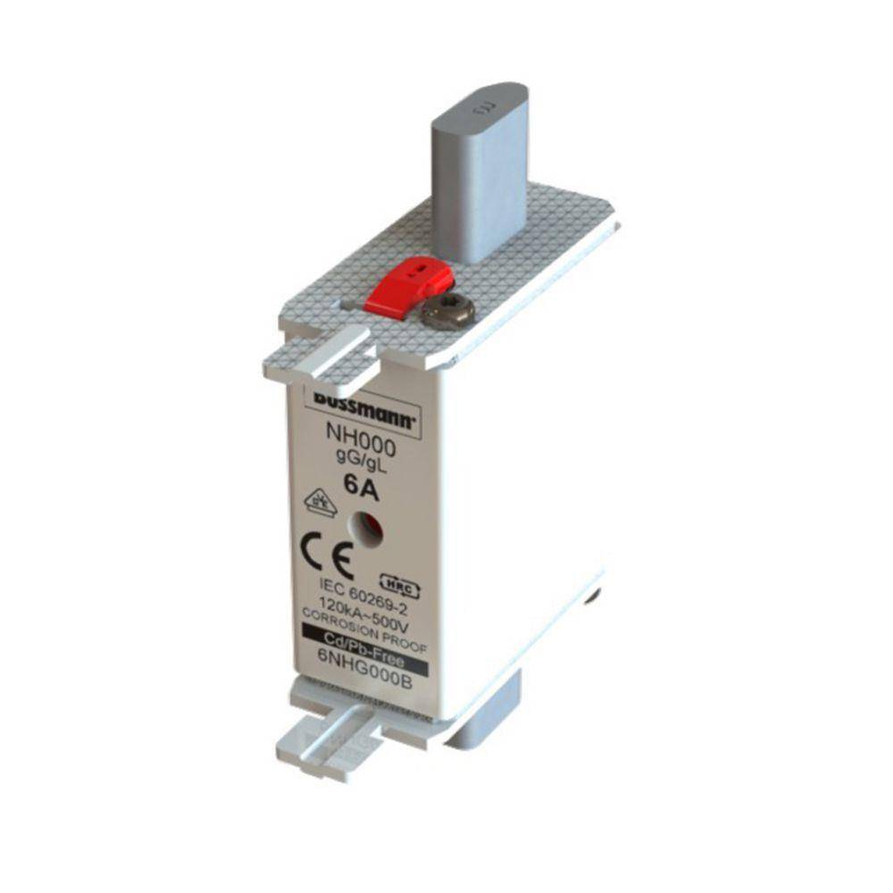 Bussmann 6NHG000B Size 000 Dual Indicator Low Voltage NH Fuse Link, 500 V, 6 A, For Use With NH Series Photovoltaic Fuse, Class C gG/gL Fuse, Ceramic