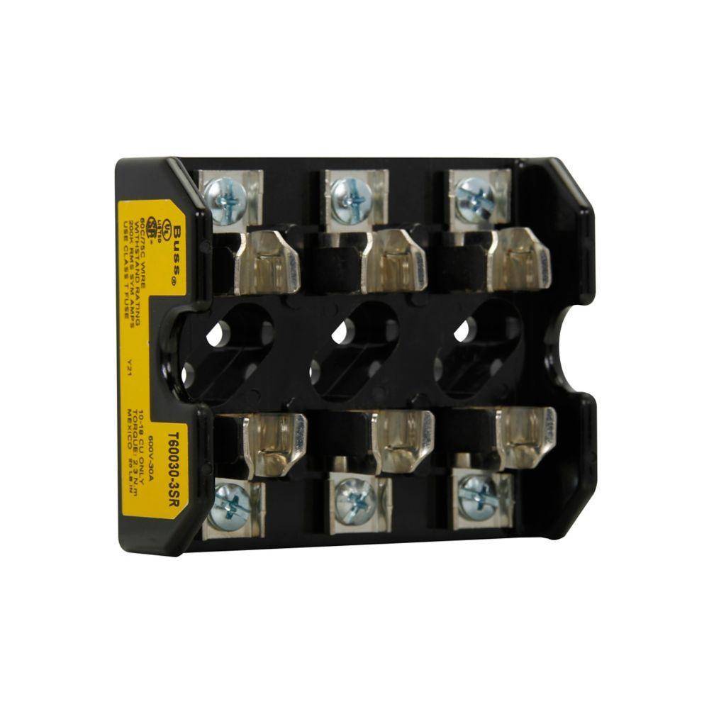 Edison T60030-3SR Open Style Fuse Block, 600 VAC/VDC, 1/2 to 30 A, T Class, 18 to 10 AWG Wire, 3 Poles