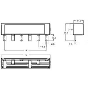 Bussmann BB3P100M6 6-Pin Modular Combination Busbar With Endcaps Assembled, For Use With Class CC, Midget and PV Fuses, 600 VAC/VDC, 100 A, 3 ph, Class J, 17.8 mm Pitch