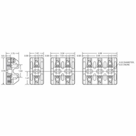 Edison T60060-3CR Open Style Fuse Block, 600 VAC/VDC, 31 to 60 A, T Class, 14 to 2 AWG Wire, 3 Poles