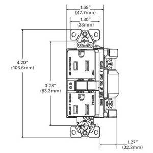 EATON SGF15W-M-L Duplex Self-Test GFCI Receptacle, 125 VAC, 15 A, 2 Poles, 3 Wires, White