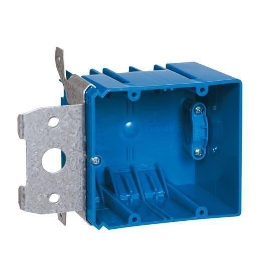 Carlon® B234ADJC Adjustable New Work Outlet Box With Large 220 VAC Knockout, Side Clamp, PVC, 34 cu-in Capacity, 2 Gangs, 4 Knockouts, 4 in L x 3-5/8 in W x 3 in D