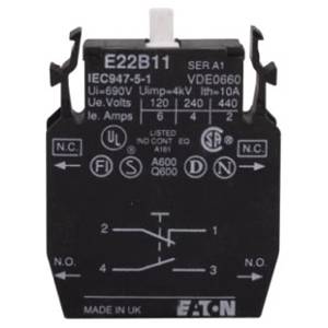 EATON E22B11 Heavy Duty Non-Metallic Standard Contact Block, 22.5 mm, 1NC-1NO Contact, 10 A at 600 VAC, 2.5 A at 600 VDC Contact, Silver Contact