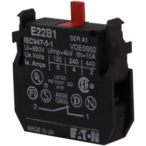 EATON E22B1 Heavy Duty Standard Contact Block, 22.5 mm, 1NC Contact, 10 A at 600 VAC, 2.5 A at 600 VDC Contact, Silver Contact