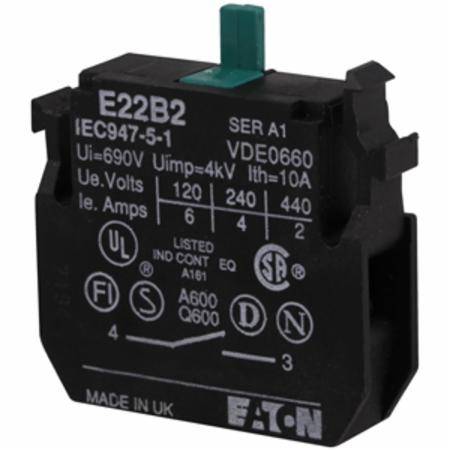 EATON E22B2 Heavy Duty Non-Metallic Standard Contact Block, 22.5 mm, 1NO Contact, 10 A at 600 VAC, 2.5 A at 600 VDC Contact, Silver Contact