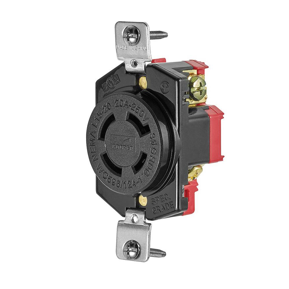 EATON Arrow Hart™ Eaton Wiring Devices L1520R L1520 3-Phase Single Watertight Straight Blade Receptacle, 250 VAC, 20 A, 3 Poles, 4 Wires, Black