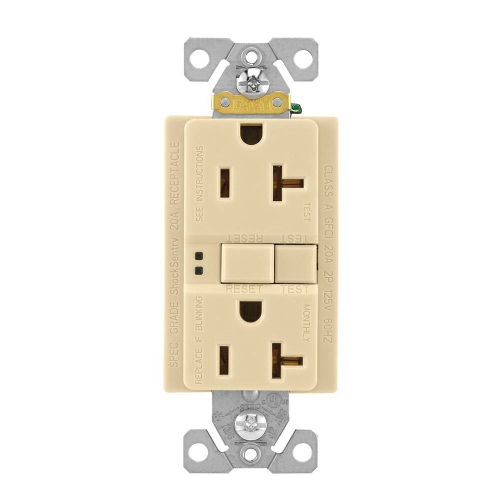 EATON Arrow Hart™ Eaton Wiring Devices SGF20V Duplex Grounding Self-Test GFCI Receptacle, 125 VAC, 20 A, 2 Poles, 3 Wires, Ivory