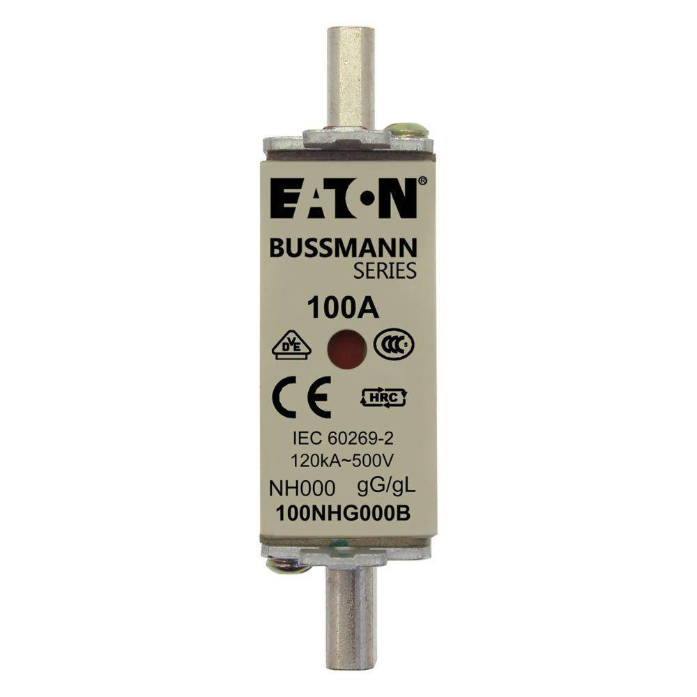 EATON Bussmann Edison 100NHG000B Size 000 Dual Indicator NH Fuse Link, 500 V, 100 A, For Use With Bussmann NH Size Photovoltaic Fuse, Class C gG/gL Fuse, Ceramic