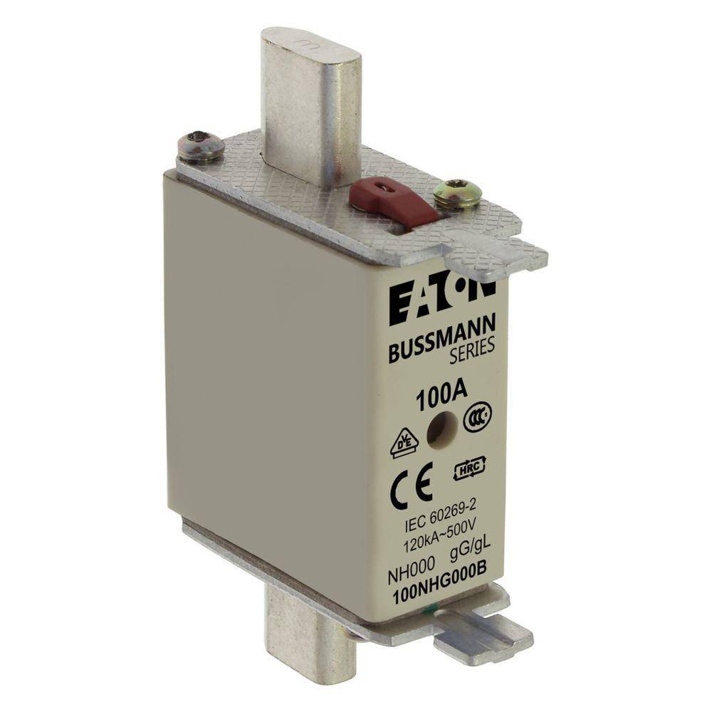 EATON Bussmann Edison 100NHG000B Size 000 Dual Indicator NH Fuse Link, 500 V, 100 A, For Use With Bussmann NH Size Photovoltaic Fuse, Class C gG/gL Fuse, Ceramic